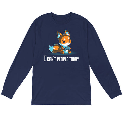 Long Sleeve T-shirt_TeeTurtle I Can't People Today navy blue t-shirt featuring an annoyed fox holding a video game controller with the text "I can't people today" below.