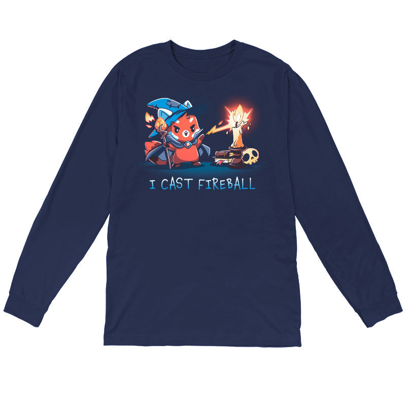 Long Sleeve T-shirt_TeeTurtle I Cast Fireball navy blue t-shirt featuring a fox in a tabletop game wizard outfit with a staff who casts a fireball spell towards a candle, with the text "I CAST FIREBALL" below. A stack of books and a skull are in the background. 