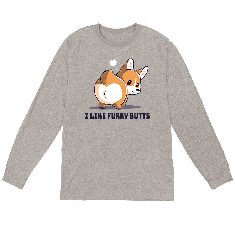 Long Sleeve T-shirt_TeeTurtle I Like Furry Butts heather gray t-shirt featuring a corgi with a white heart above its head.