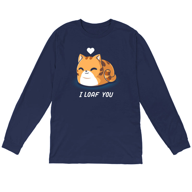 Long Sleeve T-shirt_TeeTurtle I Loaf You navy blue t-shirt featuring a smiling, loaf-shaped orange cat with a heart above its head and the caption "I Loaf You."