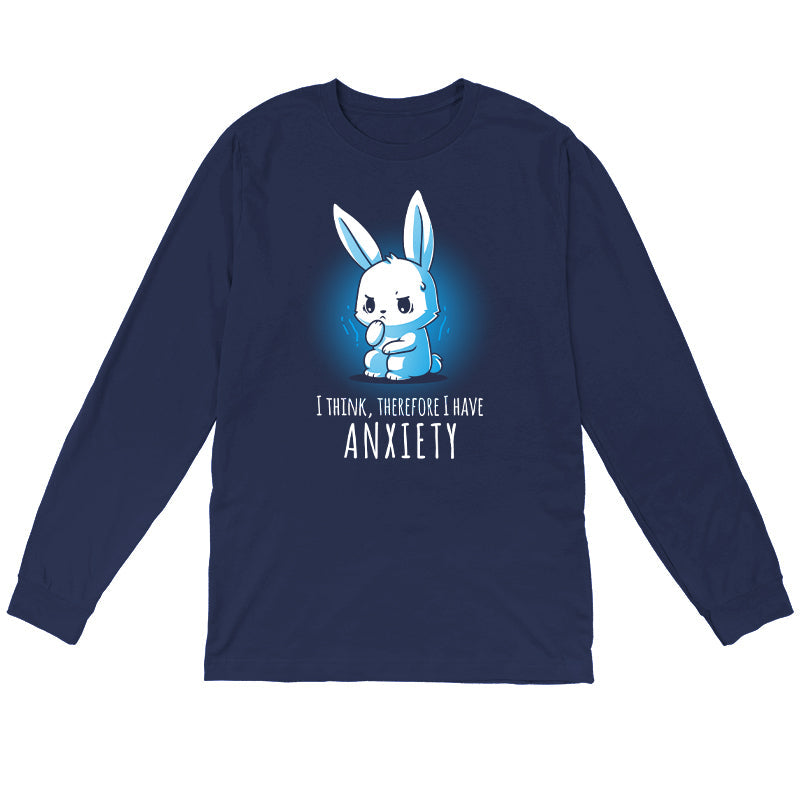 Long Sleeve T-shirt_TeeTurtle navy blue I Think, Therefore I Have Anxiety. Featuring an over-thinking, anxious bunny.