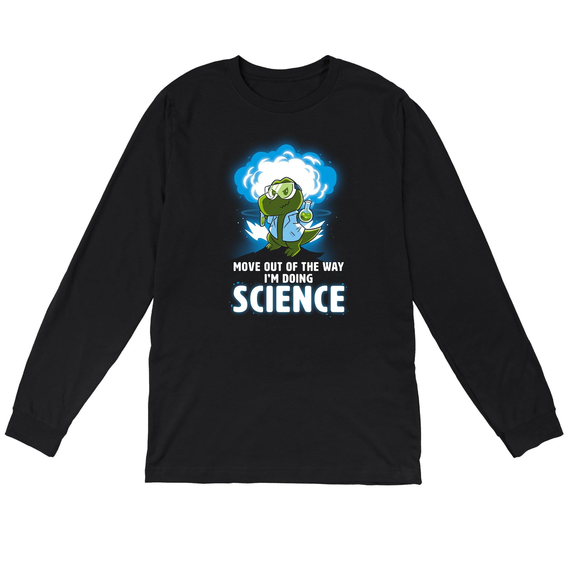 Long Sleeve T-shirt_TeeTurtle black I'm Doing SCIENCE. Featuring a t-rex in a lab coat and safety glasses holding a beaker and explosion in the background.