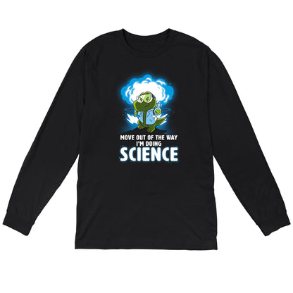 Long Sleeve T-shirt_TeeTurtle black I'm Doing SCIENCE. Featuring a t-rex in a lab coat and safety glasses holding a beaker and explosion in the background.