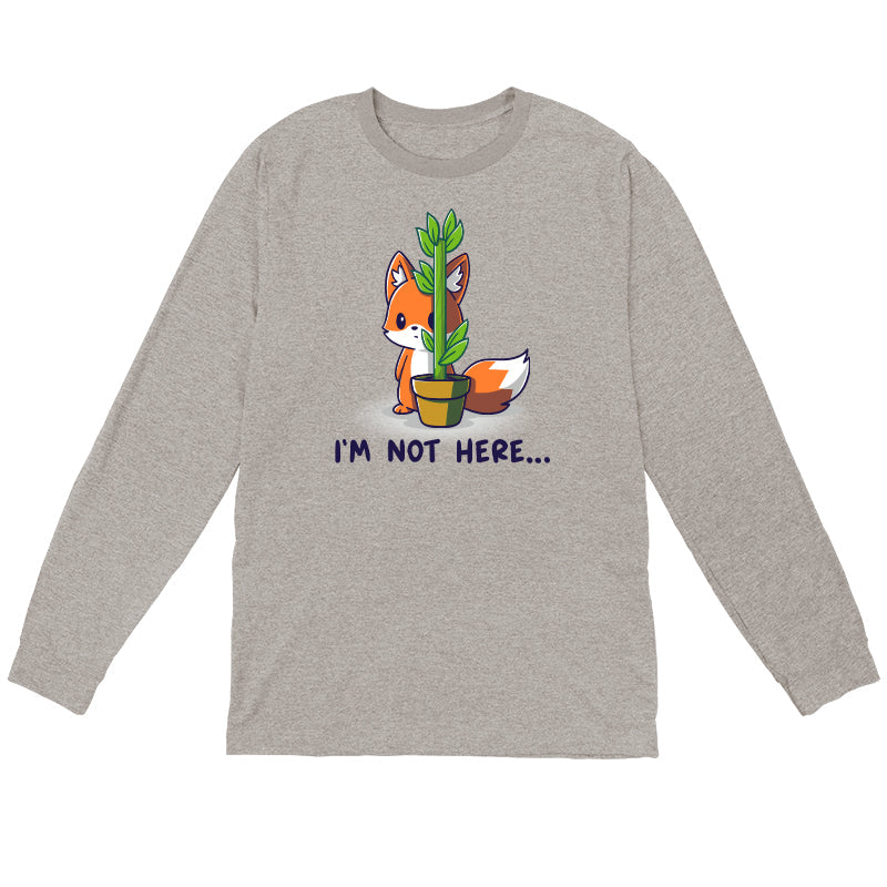 Long Sleeve T-shirt_Teeturtle I'm Not Here... Heather gray t-shirt featuring an anxious fox awkwardly trying to hide behind a thin potted plant with the words 'I'm Not Here...' below.