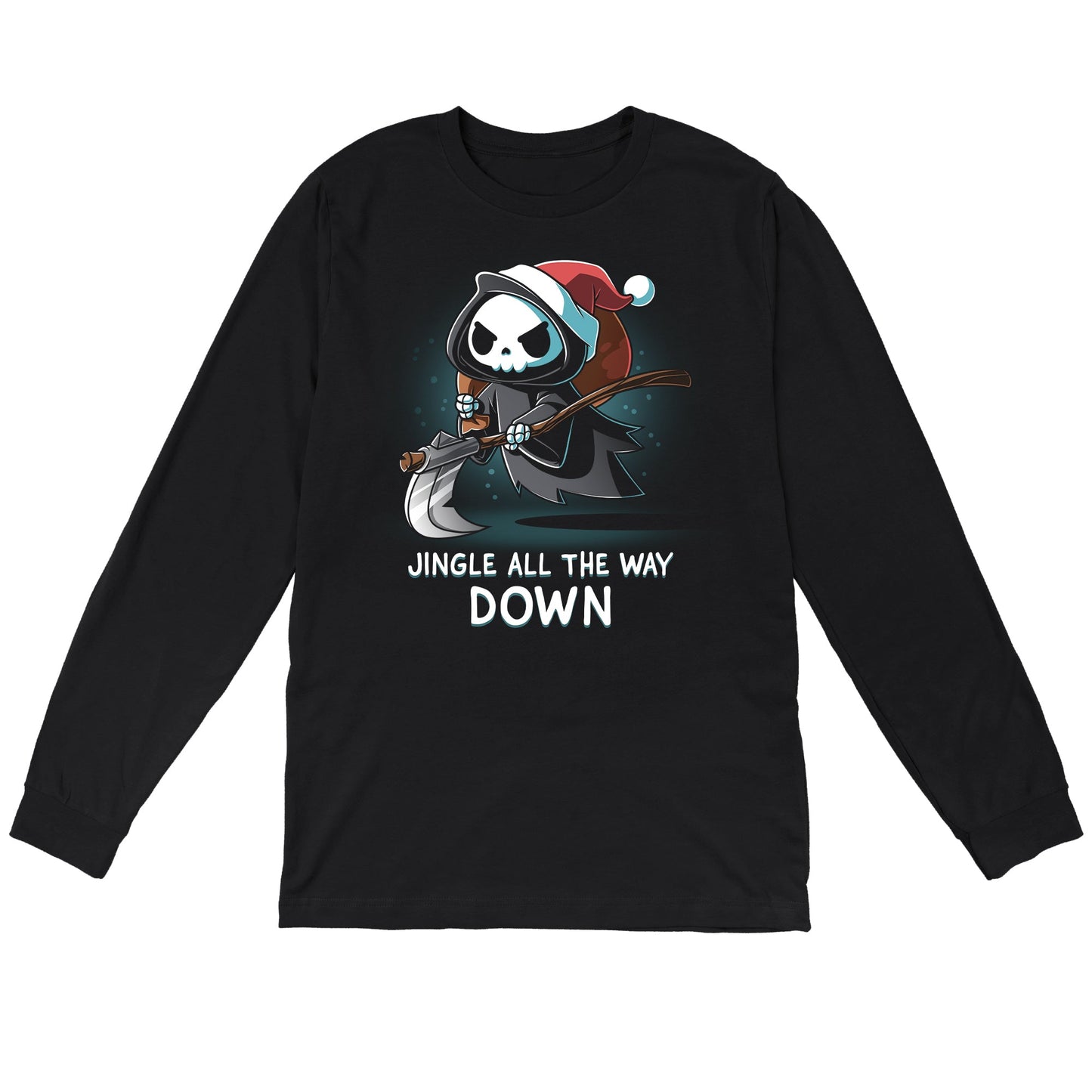 Long Sleeve T-shirt_TeeTurtle black Jingle All the Way Down apparel featuring the Grim Reaper wearing a Santa hat carrying a sack, and scythe.