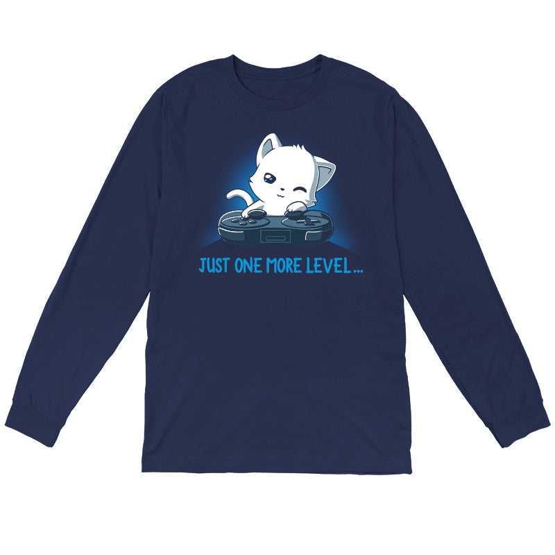 Long Sleeve T-shirt_TeeTurtle Just One More Level navy blue t-shirt featuring a cat falling asleep in front of a video game controller.