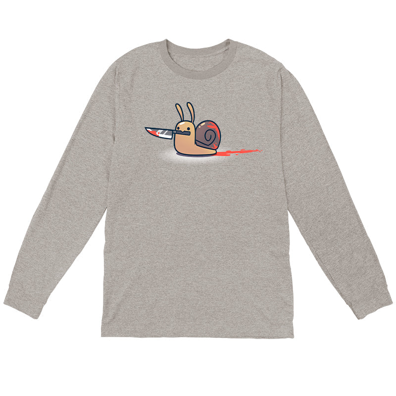 Long Sleeve T-shirt_TeeTurtle athletic heather Killer Snail. Featuring a bloody snail holding a bloody knife in its mouth.