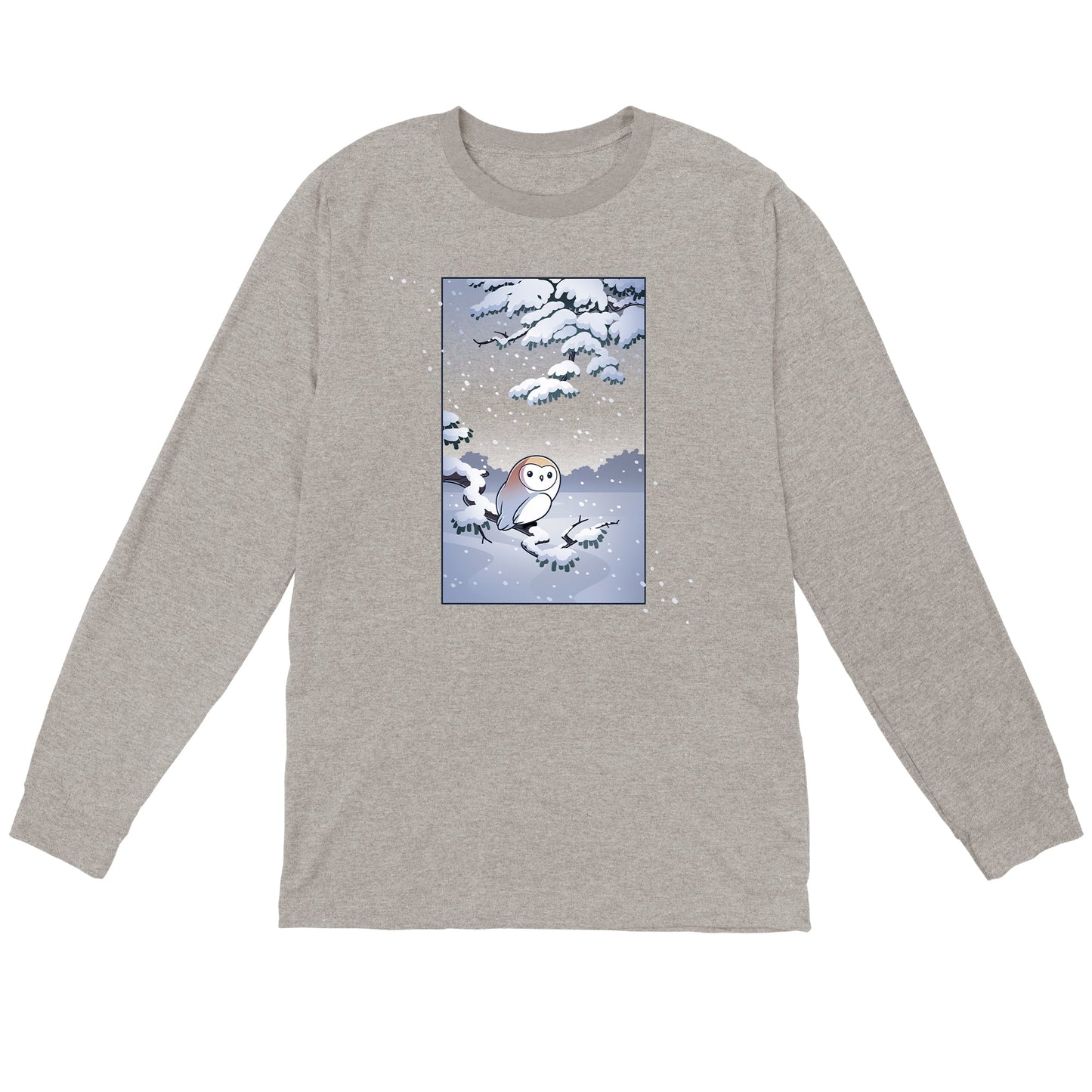 Long Sleeve T-shirt_TeeTurtle heather gray Snowy Owl apparel featuring a barn owl perched on a snowy branch with snow falling in the background.