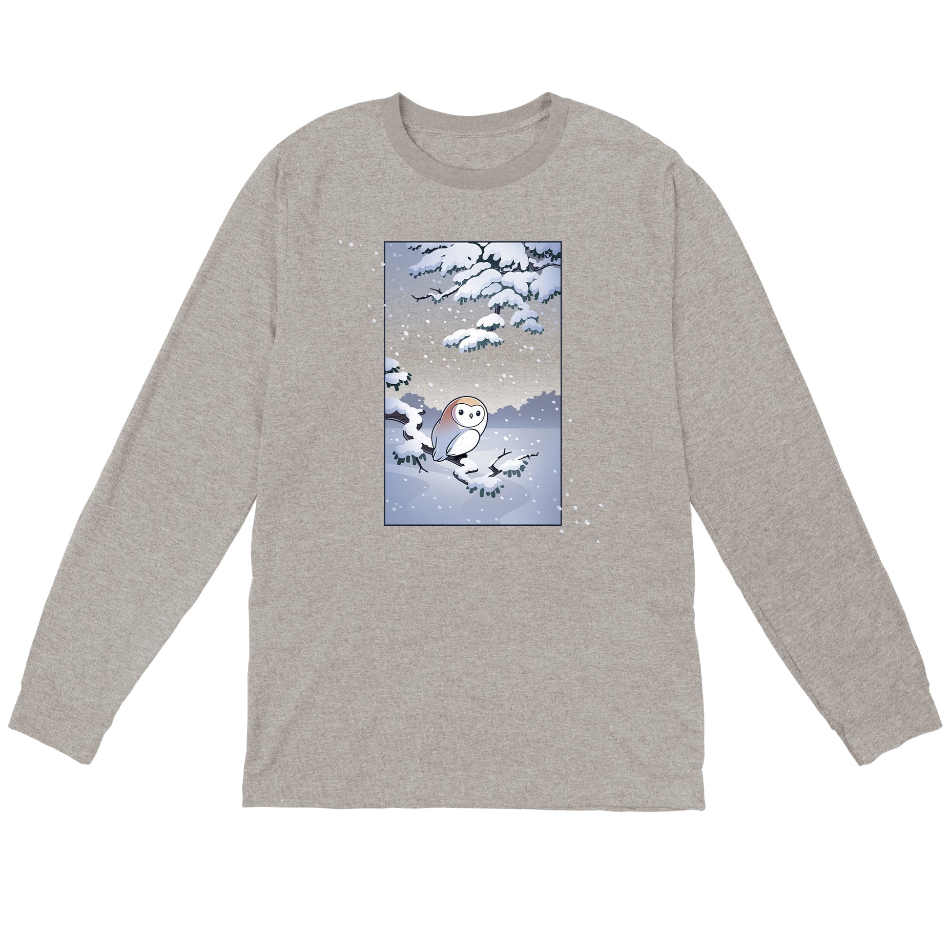 Long Sleeve T-shirt_TeeTurtle heather gray Snowy Owl apparel featuring a barn owl perched on a snowy branch with snow falling in the background.