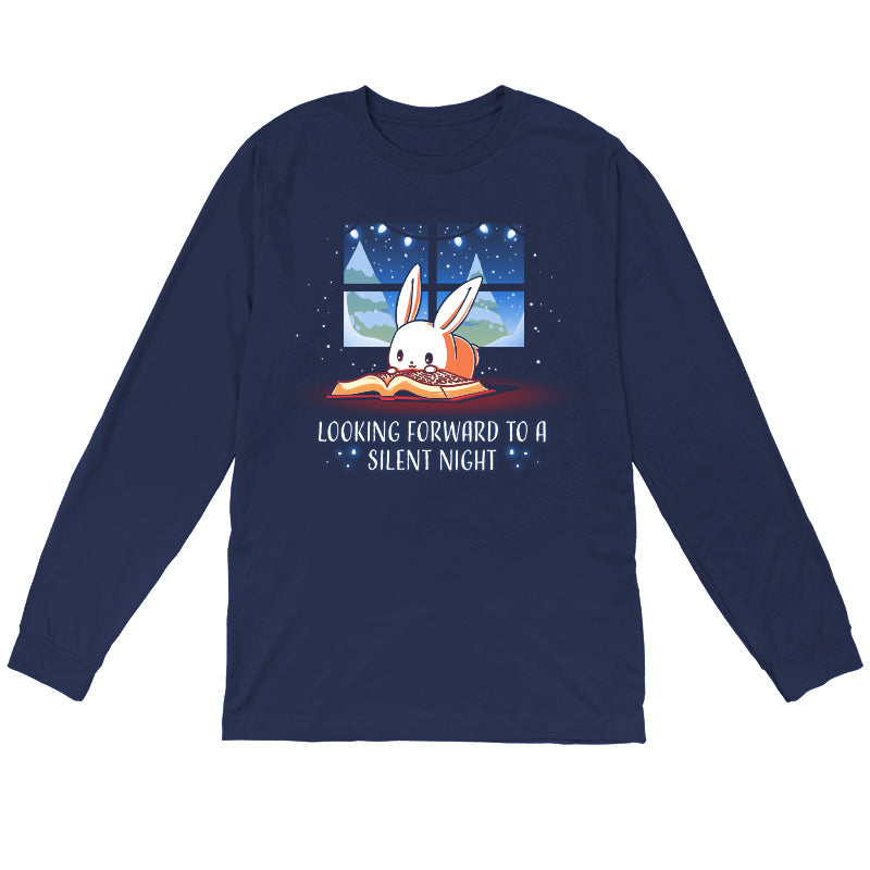 Long Sleeve T-shirt_TeeTurtle navy blue Looking Forward to a Silent Night. Featuring a reading bunny with a snowy forest outside.