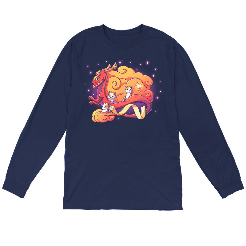 Long Sleeve T-shirt_TeeTurtle Lunar New Year kitties navy blue t-shirt featuring a dragon surrounded by cats.