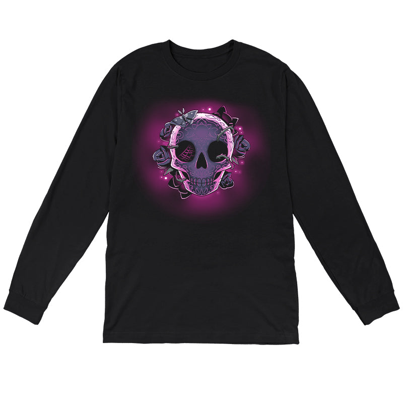 Long Sleeve T-shirt_TeeTurtle black Memento Mori. Featuring a skull with Dia de los Muertos engraving wreathed in roses.