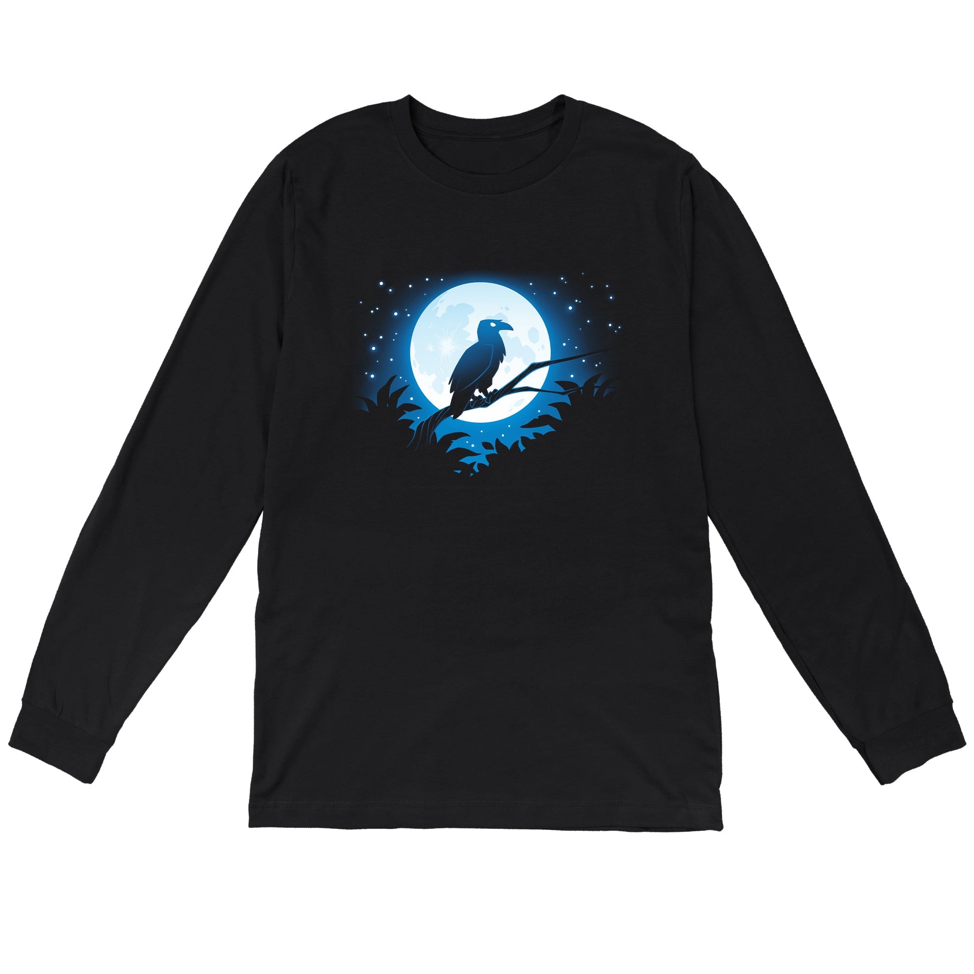 Long Sleeve T-shirt_TeeTurtle Moonlit Raven black t-shirt featuring an artistic raven sitting on a branch in front of a full moon.