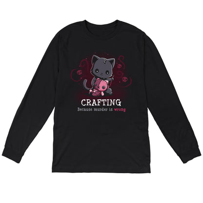 Long Sleeve T-shirt_TeeTurtle Murder is Wrong black t-shirt featuring a cartoon cat  with a needle stitches a voodoo doll with skulls and swirly designs are in the background while crafting