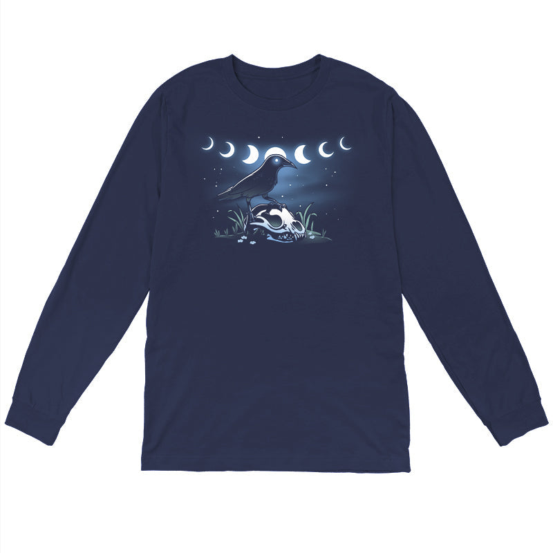 Long Sleeve T-shirt_TeeTurtle Mystical Crow navy blue t-shirt featuring a crow with glowing eyes standing on an animal skull in a grassy area under a night sky.