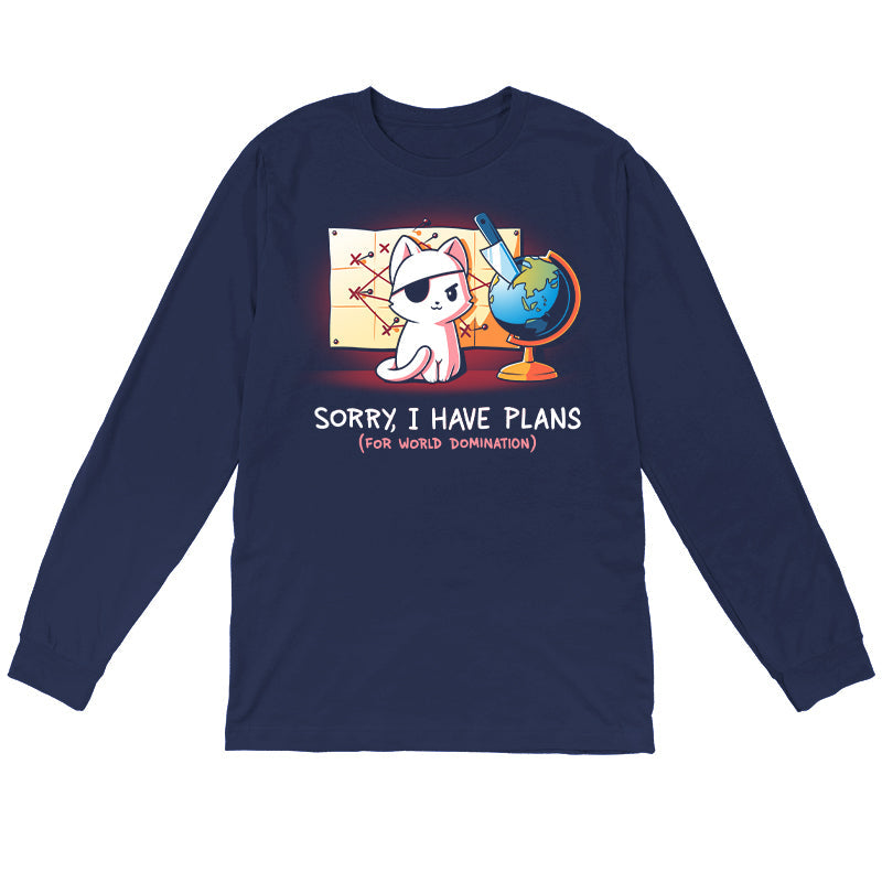 Long Sleeve T-shirt_TeeTurtle Sorry, I Have Plans navy blue t-shirt featuring a cat with an eyepatch, sitting in front of a map and globe with a knife.