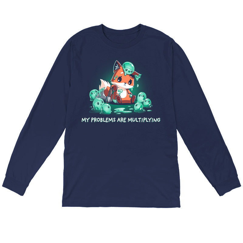 Long Sleeve T-shirt_TeeTurtle My Problems are Multiplying navy blue t-shirt featuring a sad fox holding an axe and surrounded by fantasy green slimes that are multiplying.