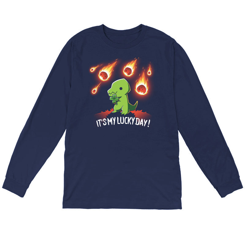 Long Sleeve T-shirt_TeeTurtle It's My Lucky Day navy blue t-shirt featuring a dinosaur holding a four-leaf clover while meteors fall from the sky. The text below reads, "It's my lucky day!"