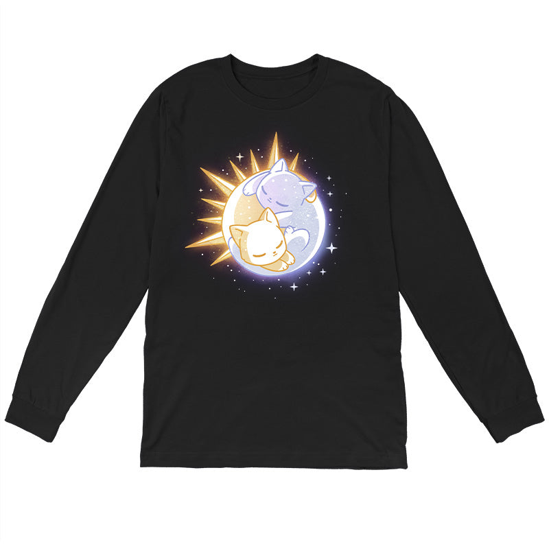 Long Sleeve T-shirt_TeeTurtle black Sun & Moon Kitties apparel featuring a sun cat and moon cat sleeping together in a yin-yang formation.