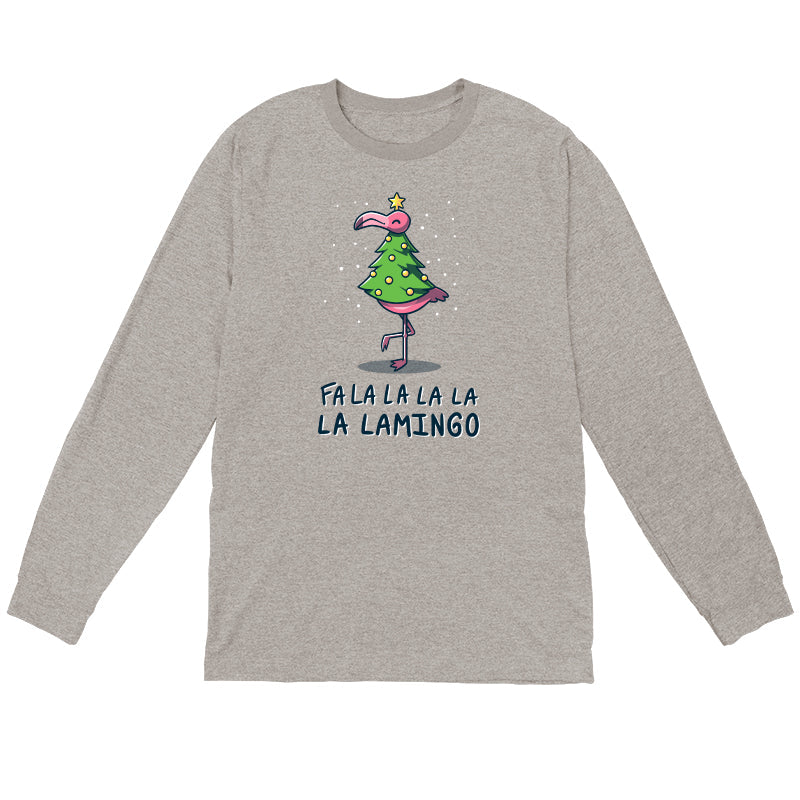 Long Sleeve T-shirt_TeeTurtle Fa La La Lamingo heather gray t-shirt featuring a flamingo dressed up as a Christmas tree