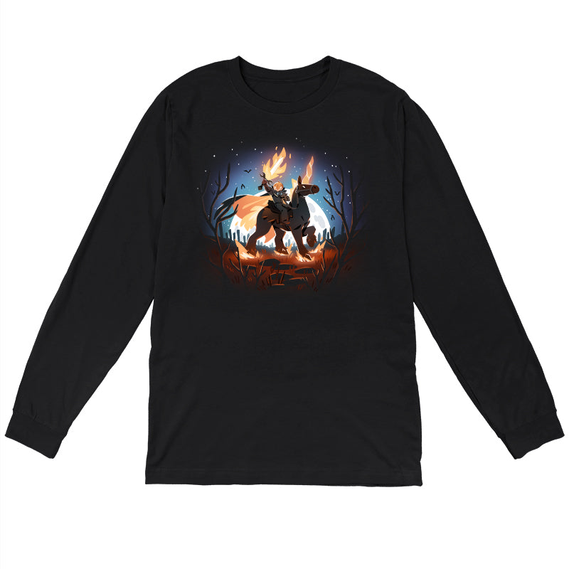 Long Sleeve T-shirt_TeeTurtle black Return of the Halloween Knight featuring a knight with a pumpkin head and flaming sword riding a horse in a spooky forest.