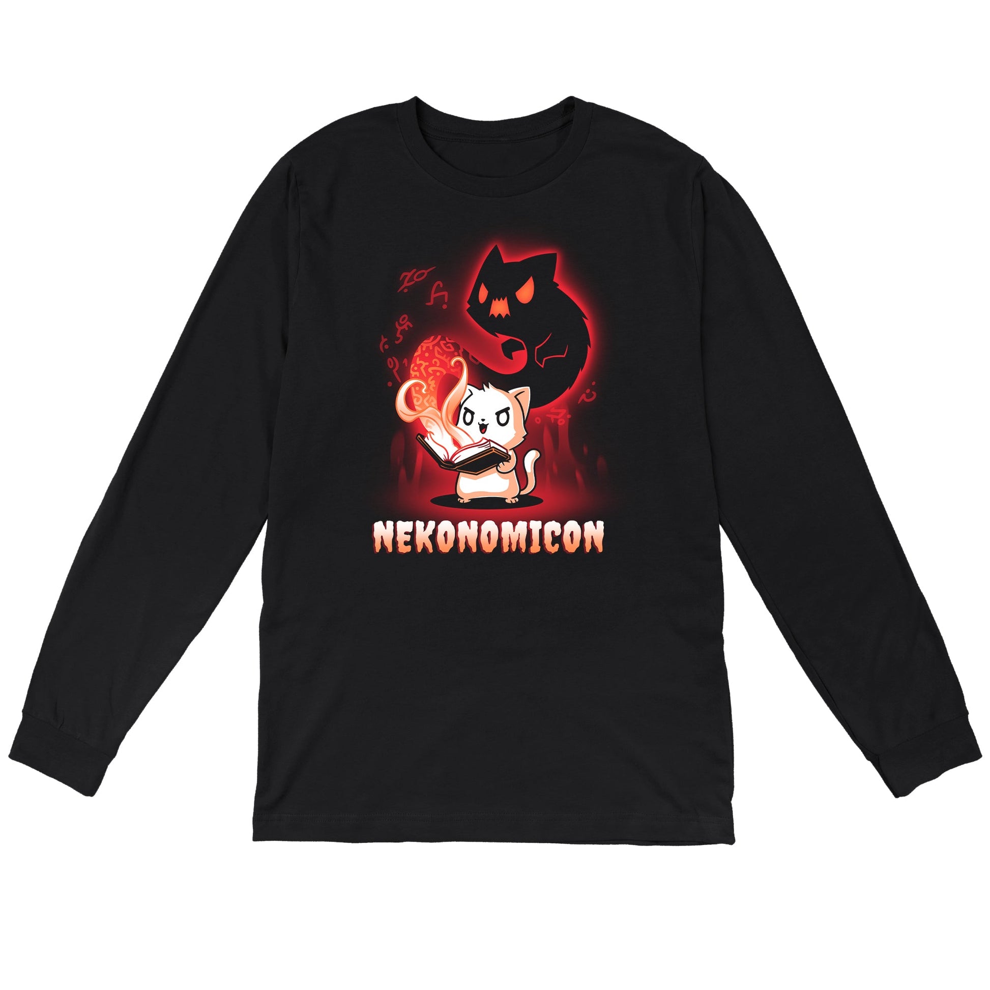 Long Sleeve T-shirt_TeeTurtle Nekonomicon black t-shirt featuring a cat holding an open book with glowing symbols and a shadowy feline figure emerging from it. The word "Nekonomicon" is displayed at the bottom.