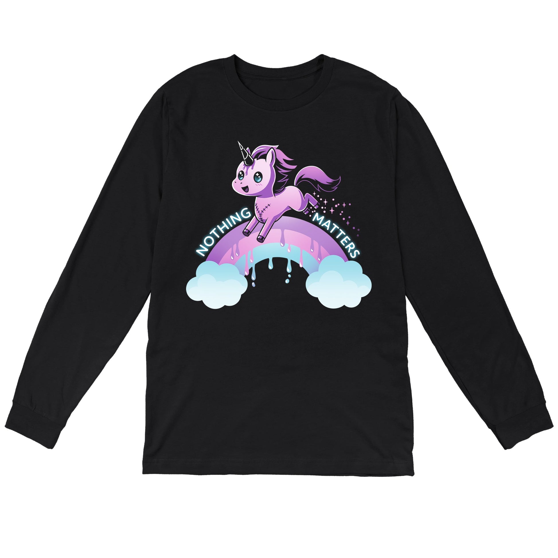 Long Sleeve T-shirt_TeeTurtle Nothing Matters (Unicorn) black t-shirt featuring a purple unicorn jumping over a drippy rainbow.