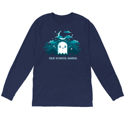 Long Sleeve T-shirt_TeeTurtle Old School Ghoul navy blue t-shirt featuring a spooky pixel art smiling ghost under a crescent moon and stars with text "Old School Ghoul" below in this Halloween and video game design. 