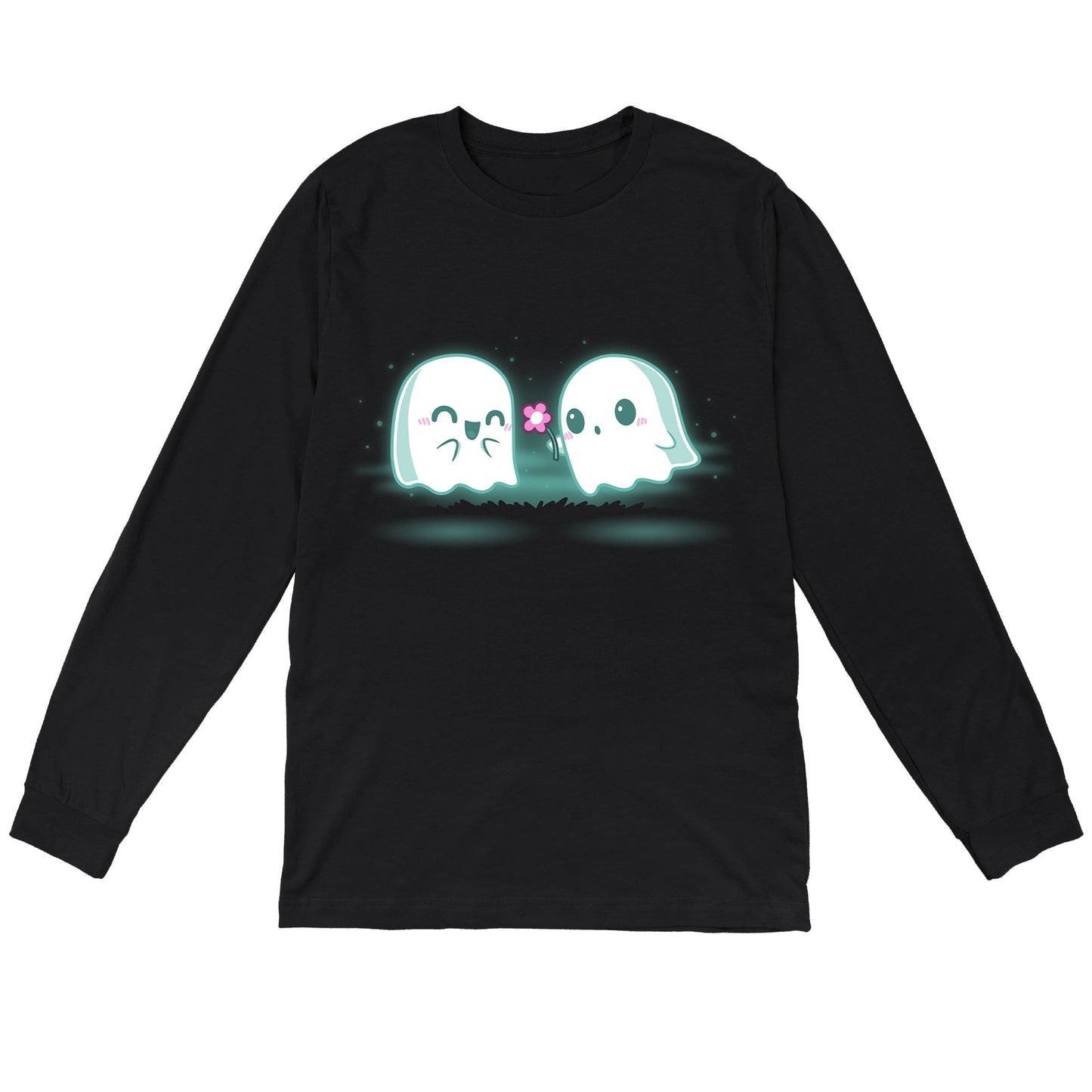 Long Sleeve T-shirt_TeeTurtle One Boo Love black t-shirt featuring two cute kawaii ghost-like Halloween characters are glowing softly in the dark on a black apparel. One ghost is smiling with eyes closed while the other offers a pink flower.