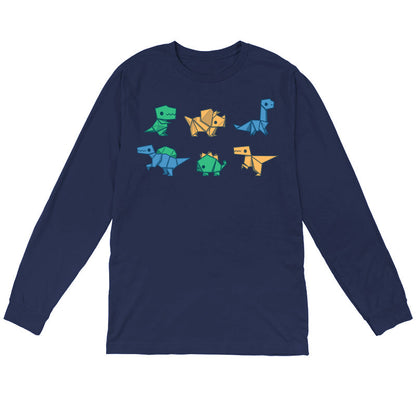 Long Sleeve T-shirt_TeeTurtle Origami Dinos navy blue design featuring a collection of origami dinosaurs in different colors.