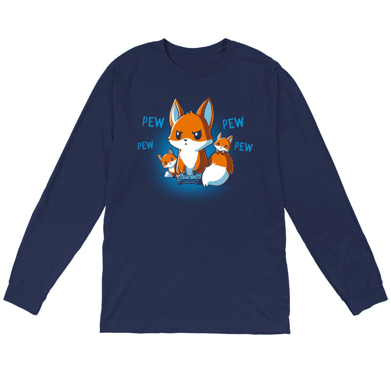 Long Sleeve T-shirt_TeeTurtle navy blue Pew Pew Parent. Featuring a parent fox playing a video game with a controller and its kits climbing over it.