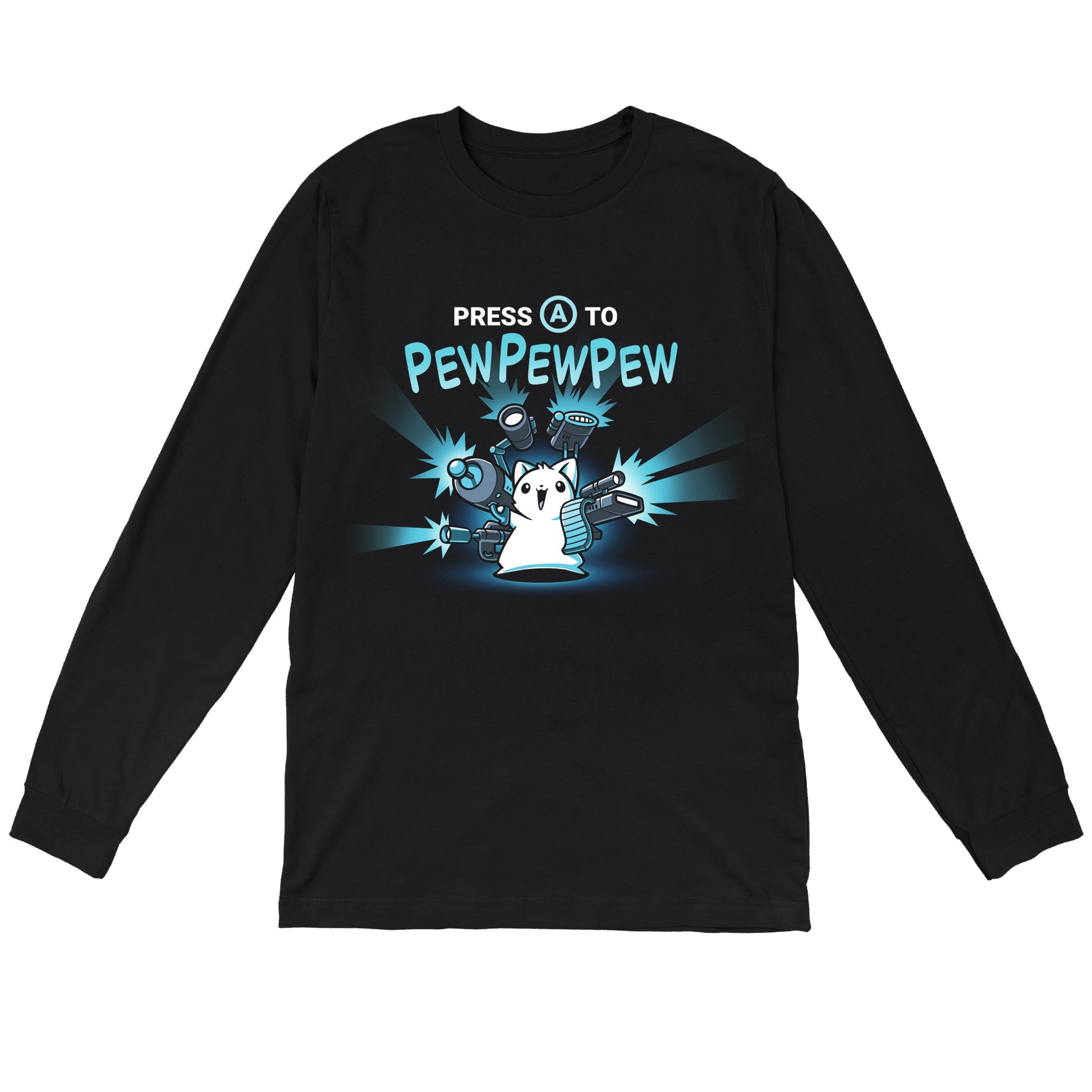 Long Sleeve T-shirt_TeeTurtle black Press A to PEWPEWPEW apparel featuring a cat holding a lot of guns.