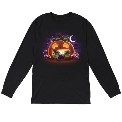 Long Sleeve T-shirt_TeeTurtle Pumpkin Frog Witches black t-shirt featuring two frogs wearing witch hats brewing a cauldron of potion inside of a happy Halloween jack-o-lantern.