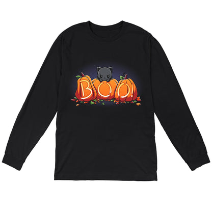 Long Sleeve T-shirt_TeeTurtle Pumpkin Kitty black t-shirt featuring a spooky black cat sitting behind three pumpkins that spell "BOO!" with glowing letters, surrounded by scattered leaves in Halloween fall colors. 