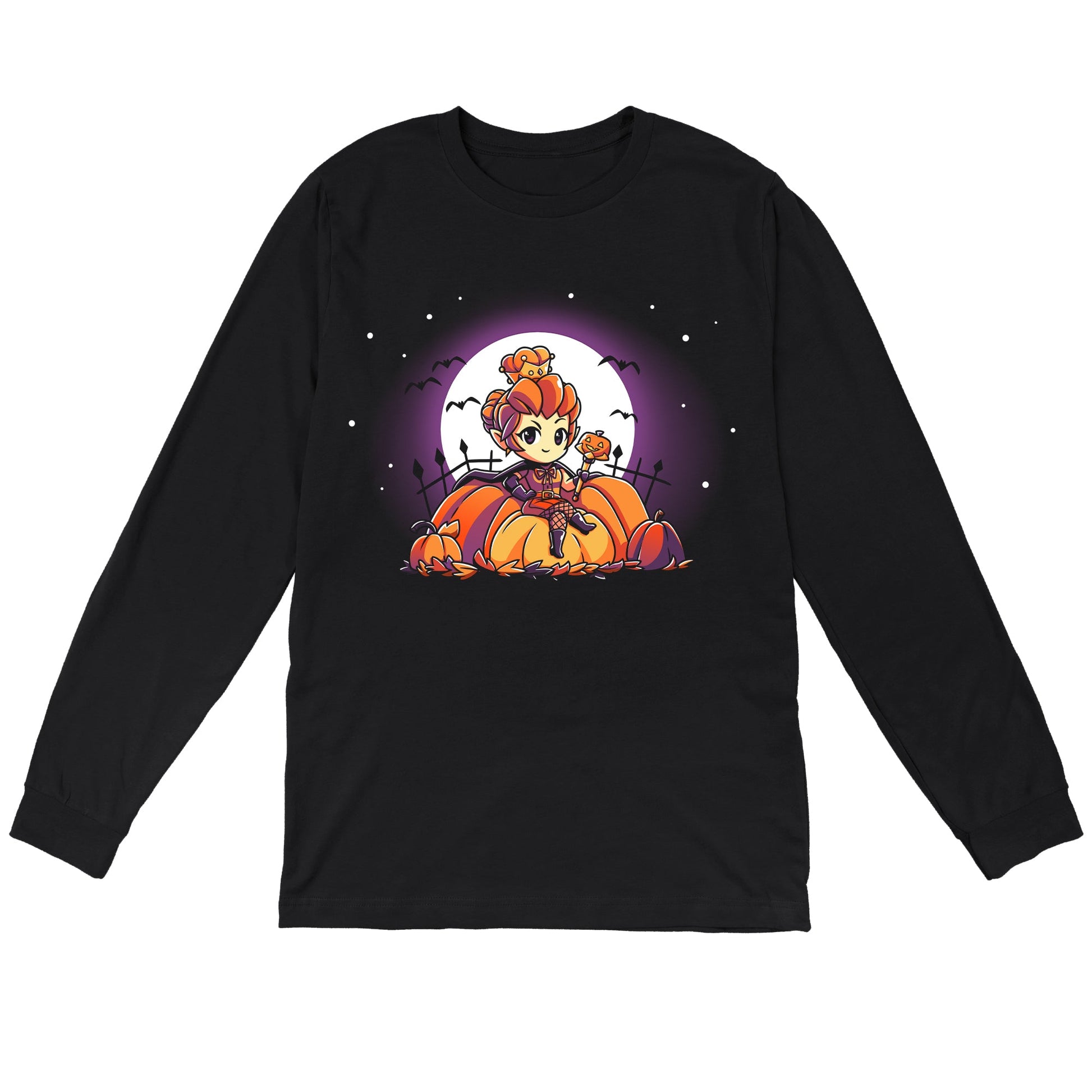 Long Sleeve T-shirt_TeeTurtle black Pumpkin Queen. Featuring a pumpkin queen sitting among giant pumpkins.