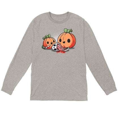 Long Sleeve T-shirt_TeeTurtle Pumpkin Carving silver gray t-shirt featuring cheerful pumpkins carving a human skull.