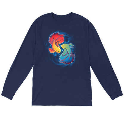 Long Sleeve T-shirt_TeeTurtle Rainbow Betta navy blue t-shirt featuring two colorful Rainbow Betta fish displaying their pride colors swimming in a circular pattern.