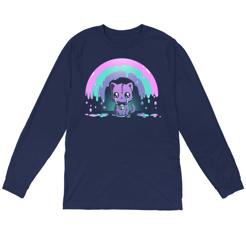 Long Sleeve T-shirt_TeeTurtle Rainbow Crying Cat navy blue t-shirt featuring a cute purple cat with large eyes and a spooky stitched forehead, sitting under a dripping pink, green, and purple rainbow.