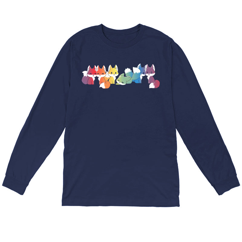 Long Sleeve T-shirt_Illustration of seven cartoon foxes in a line, each in a different color: red, orange, yellow, green, blue, indigo, and purple against a dark background on a Navy Blue apparel from monsterdigital's Rainbow Foxes collection.