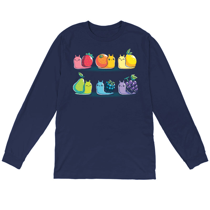 Long Sleeve T-shirt_TeeTurtle Rainbow Fruit Snails navy blue t-shirt featuring six colorful rainbow fruit snails with fruit shells: strawberry, orange, lemon, pear, blackberry, and grape.