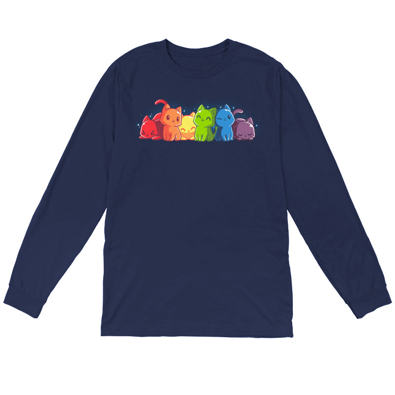 Long Sleeve T-shirt_TeeTurtle navy blue Rainbow Kitties. Featuring a row of kittens in a rainbow color sequence.