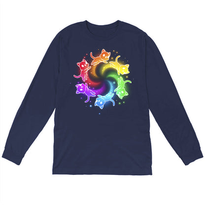 Long Sleeve T-shirt_TeeTurtle navy blue Rainbow Space Cats apparel featuring rainbow cats running in a circle trailing sparkles.