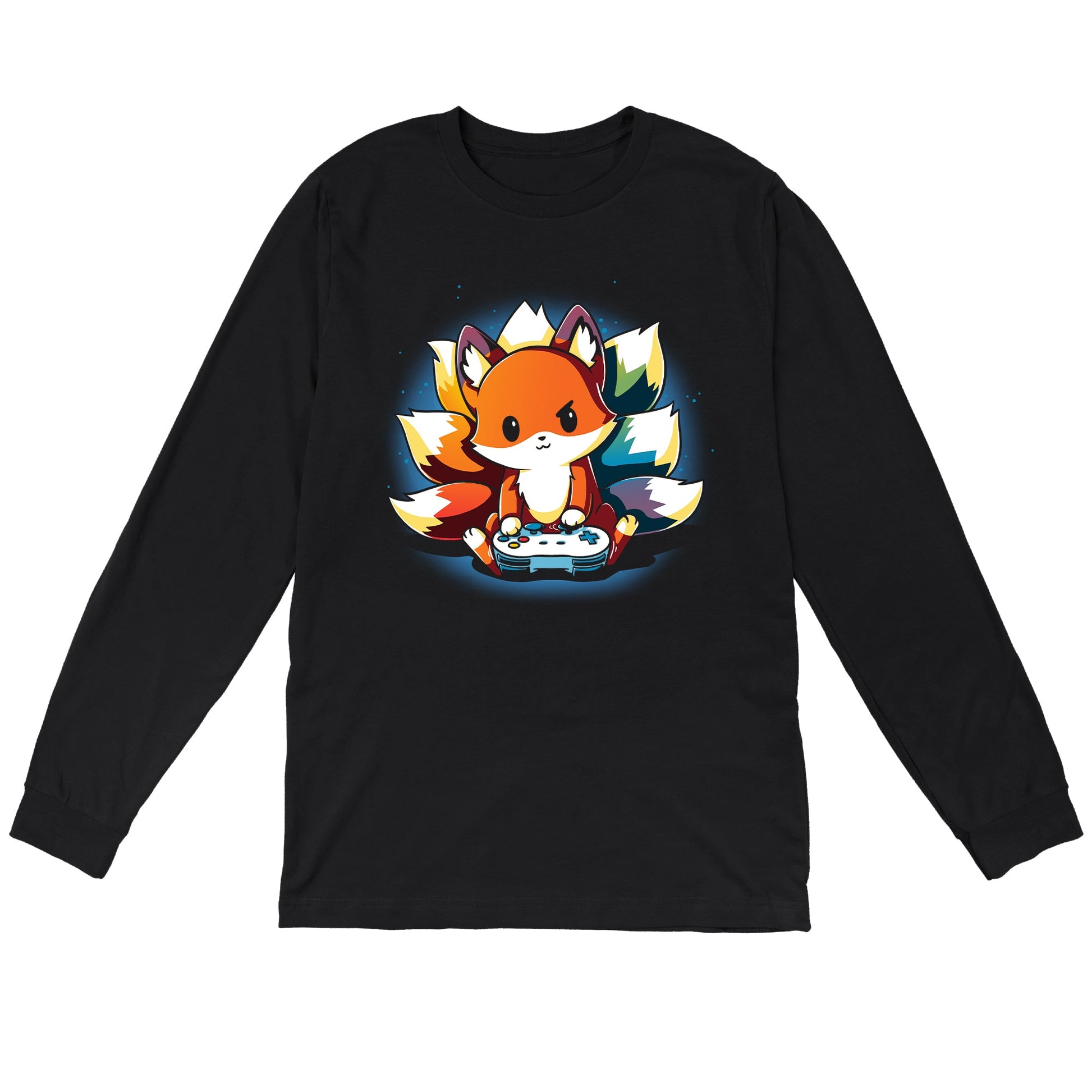 Long Sleeve T-shirt_TeeTurtle Rainbow Gamer black Featuring a kitsune with rainbow tails playing video games