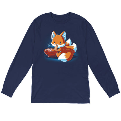 Long Sleeve T-shirt_A cartoon fox, known as the Ramen Kitsune, is sitting and eating noodles from a bowl, holding the noodles with its paws. Steam rises from the bowl. This charming scene is printed on a super soft ringspun cotton navy blue monsterdigital Ramen Kitsune apparel.