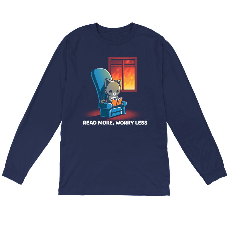 Long Sleeve T-shirt_TeeTurtle navy blue Read More, Worry Less. Featuring a cat reading indoors while the world outside is on fire.