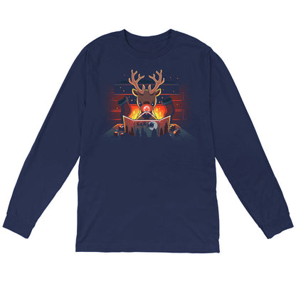 Long Sleeve T-shirt_TeeTurtle Reindeer Game Master navy blue t-shirt featuring a reindeer in a tabletop game christmas scene. The reindeer glowing red nose debating their next game move with dice around the table, in front of a bright fire and stockings hung on the chimney. 