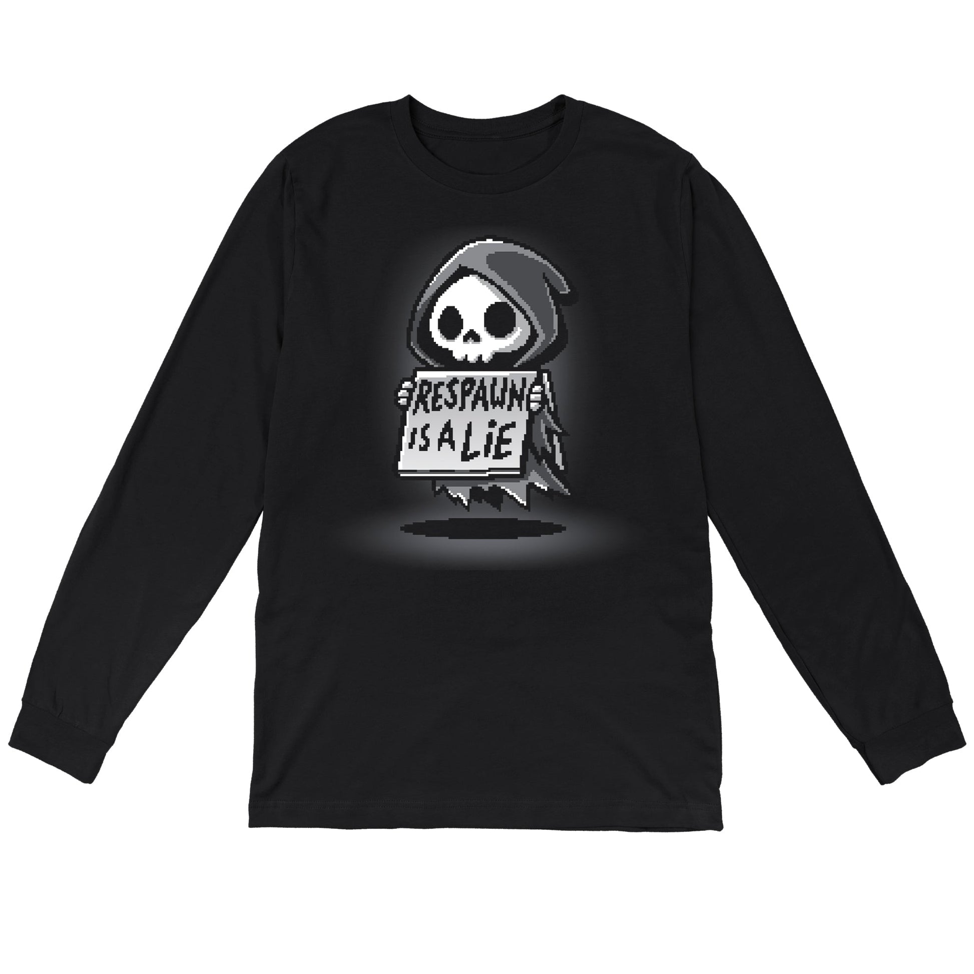 Long Sleeve T-shirt_TeeTurtle Respawn is a Lie black t-shirt featuring video game pixel art of a small grim reaper character holding a sign that reads "Respawn is a Lie" with a spotlight on the character.