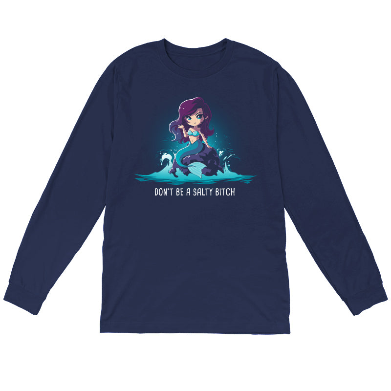 Long Sleeve T-shirt_TeeTurtle Salty Beach navy blue t-shirt featuring a magical purple-haired mermaid with a teal tail sitting on a rock in the ocean, with the pun "Don't be a Salty Beach" at the bottom.