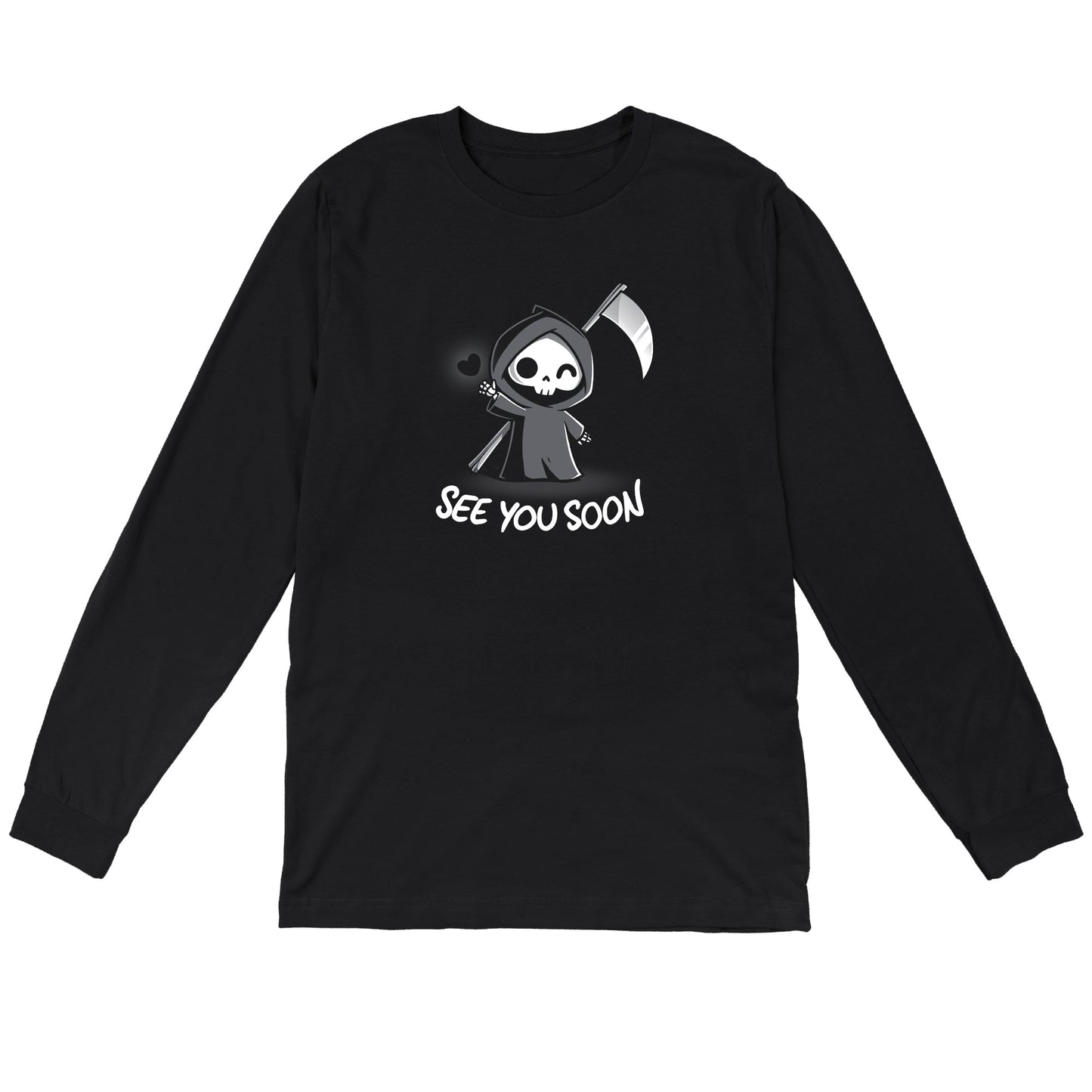 Long Sleeve T-shirt_TeeTurtle See You Soon black t-shirt featuring a spooky cartoon Grim Reaper holding a scythe, waving, and a floating black heart next to it, with the text below that says in dark humor "SEE YOU SOON". 