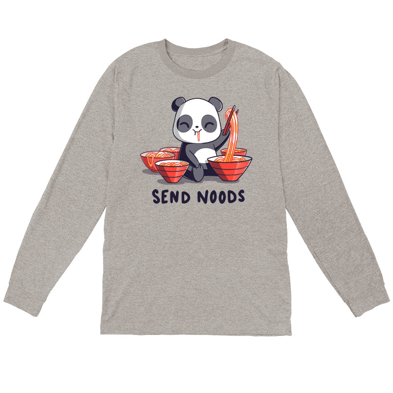 Long Sleeve T-shirt_A cartoon panda joyfully eating noodles with chopsticks, surrounded by bowls of noodles. Text at the bottom reads, "SEND NOODS." Made from super soft ringspun cotton, this unisex Send Noods apparelby monsterdigital is perfect for noodle lovers everywhere.